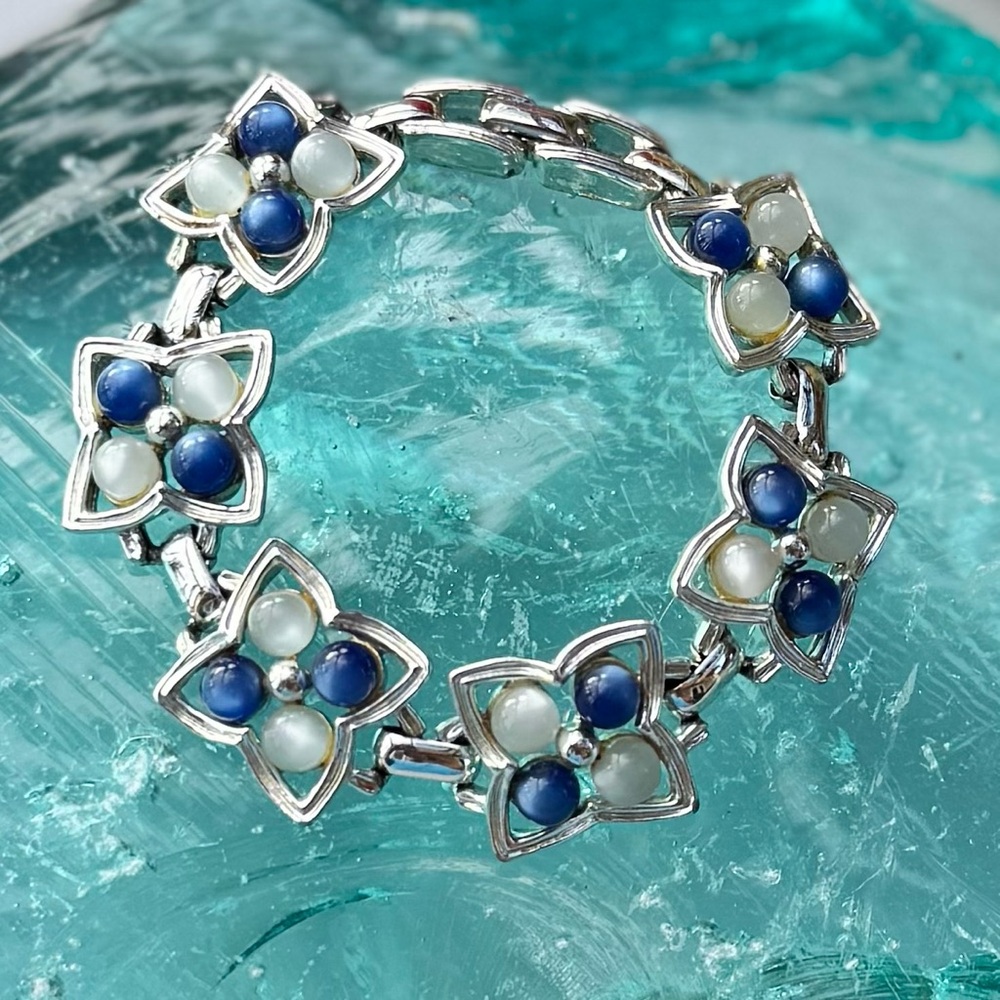 Celestial Garden Vintage Bracelet – Blue & White Moonglow Cabochon Star Flowers